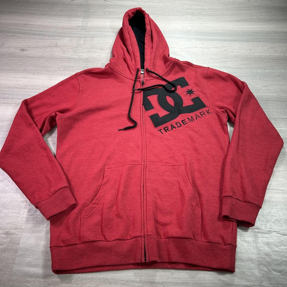 VINTAGE DC‎ Hoodie Mens Large Red Full Zip Fleece Sweatshirt Skateboarding Y2K